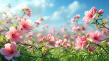 Fototapeta Kwiaty - Pole pełne różowych kwiatów w słoneczny dzień