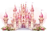 Fototapeta Uliczki - Princess castle in a fairytale style, a wonderful cute princess castle in a fairytale style, pink design. Ai generated