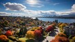 A top view of a vibrant rainbow stretching over a bustling city park, with fluffy clouds and greenery, inviting you to explore and enjoy the outdoor space