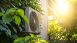 Heat pump on house wall with green plants