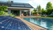 © aciddreamStudio - Modern solar powered swimming pool pump with visible solar panels and wooden deck