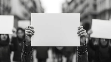 Wall Mural - People person hands holding showing blank white empty paper board frame billboard sign on street for message ad advertising with copy space for text, protest protesting concept