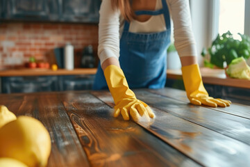 Wall Mural - Woman in rubber gloves dusting wooden table, kitchen room interior