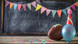 American football graphic birthday party banner with blackboard or chalkboard with copyspace
