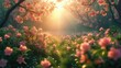 Słońce świeci przez drzewa i kwiaty