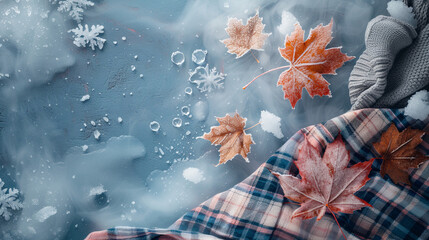 Wall Mural - Flat lay on ice - autumn leaves in the snow with copyspace