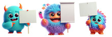 Set Of 3D Cute Fluffy Monsters Holding Blank Signs: Colorful Cartoon Characters, Isolated On Transparent Or White Backgrounds.