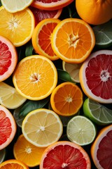 Aufkleber - Orange, lemon, grapefruit citrus slices  on green leaves  background