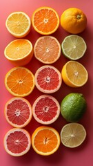 Aufkleber - Orange, lemon, grapefruit citrus slices  on red  background