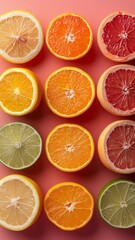 Aufkleber - Orange, lemon, grapefruit citrus slices  on red background