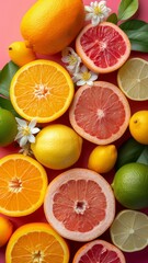 Aufkleber - Orange, lemon, grapefruit citrus slices  on pnk background