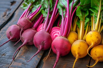 Poster - A collection of fresh beets arranged neatly on top of a sturdy wooden table.