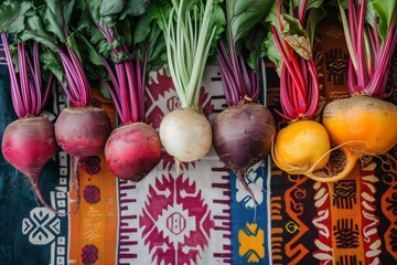 Poster - Colorful beet vegetables in row on table, top view