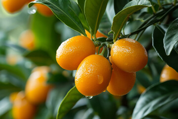 Poster - kumquats foliage and oval fruits on tree. Many ripe cumquat fruits.