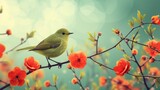 Fototapeta  - Uguisu bird animal cartoon character, Beautiful bright green bird on branch with flowers.