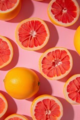 Aufkleber - several grapefruits cut in half arranged neatly on a vibrant pink surface