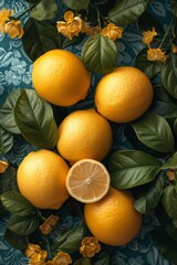 Poster - group of lemons placed on top of vibrant green leaves