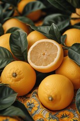 Poster - A pile of lemons is arranged on top of a table.