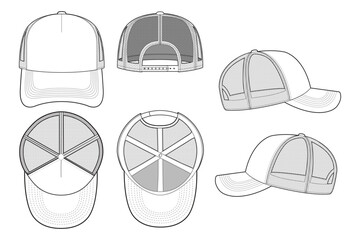 Trucker Hat Snapback Technical Drawing Illustration Blank Streetwear Mock-up Template for Design and Tech Packs CAD Strap Mesh	