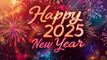Wall Mural - new year's banner with fireworks and fireworks and a large inscription happy 2025 new year