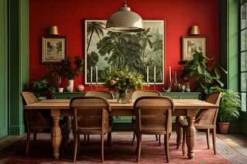 Wall Mural - dining room interior in green and terracotta colors