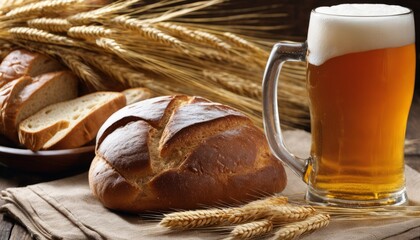 Wall Mural - A glass of beer with a mug of beer and a basket of bread