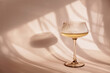Glass with white wine placed on light background with shadows and fantastic highlights and reflecting bright sunlight in daytime