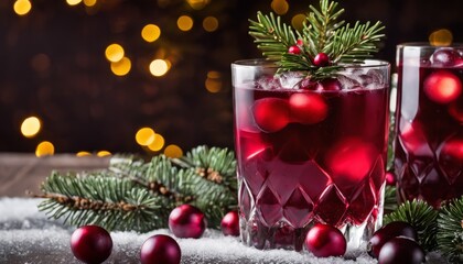 Wall Mural - A glass of red liquid with a sprig of pine and a red berry