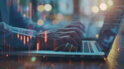 Poster - Man Typing Keyboard Laptop Hand.Project Manager Researching Process.Business Team Working Startup modern Office.Global Strategy Virtual Icon.Innovation Graphs Interfaces.Analyze market stock.Blurred