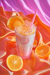 Aufkleber - refreshing drink with ice and orange slices on pink cloth