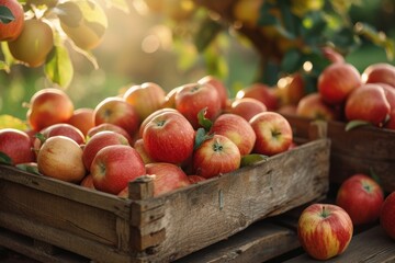 Poster - A wooden crate overflowing with numerous ripe red and yellow apples.