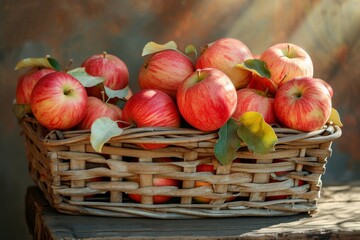 Poster - A basket filled with bright red apples sits atop a sturdy wooden table.