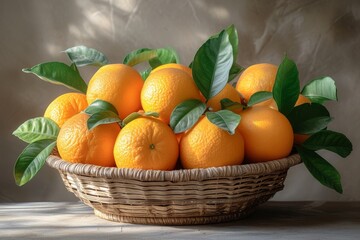 Aufkleber - Rustic basket filled with oranges placed on a table.