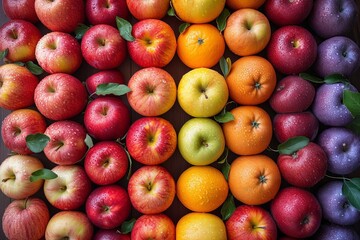 Poster - A group of apples and oranges arranged in rows on a table, top view