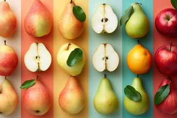 Poster - A visually diverse collection of different types of pears and apples arranged neatly in a row.