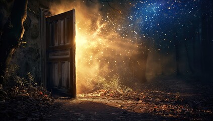 Wall Mural - open door to a starry cosmos in a dark forest. the concept of a portal to another dimension.