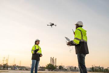 Team of Engineer Specialists Pilot Drone on Construction Site. Architectural Engineer and Safety Engineering Inspector Fly Drone at industrial plant.