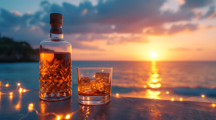 Canvas Print - A glass and a bottle of whiskey are placed on a wooden table near the sea. The sun is setting in the background.