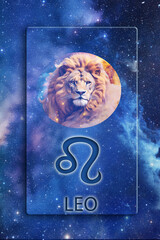 Wall Mural - zodiac picture of Leo or Lion , astrological symbol and name over blue space background with stars like astrology concept of all zodiacal signs