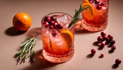 Canvas Print - Two glasses of cranberry juice with orange slices and rosemary