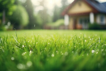 Wall Mural - Morning dew on green grass, raindrops, lawn in front of a house.