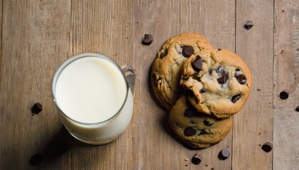 Wall Mural - A glass of milk and two chocolate chip cookies on a wooden table