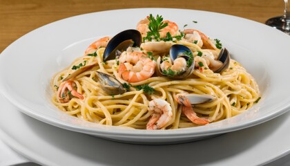 Wall Mural - A plate of pasta with shrimp and scallops