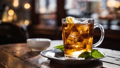 Poster - A glass of tea with lemon and mint on a wooden table