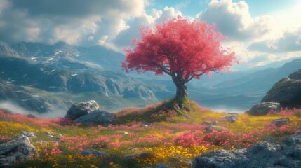 Fototapeta obraz przedstawiający drzewo pośrodku polawiosną przedstawione drzewo pojawia się jako główny temat obrazu, znajdując się w samym środku malowniczego pola na tle gór