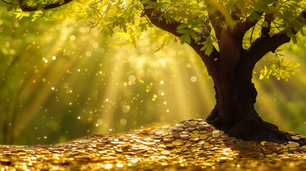 Wall Mural - Conceptual representation of financial growth with tree sprouting from a pile of coins