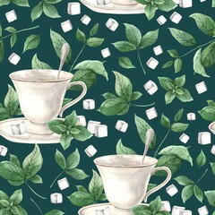 Sticker - Watercolor pattern with a mug, saucer, spoon, sugar and mint on an emerald background. Illustration is hand drawn, suitable for menu design, packaging, poster, website, textile, invitation, brochure