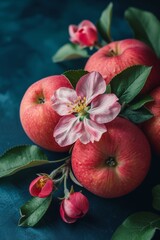 Poster - A group of apples with pink flowers and leaves arranged together, creating a vibrant and colorful scene.