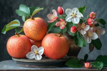 Poster - Red apples and flowers arranged on a table.