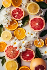 Aufkleber - Fresh Citrus Fruits and Pink Flowers on a Vibrant Background